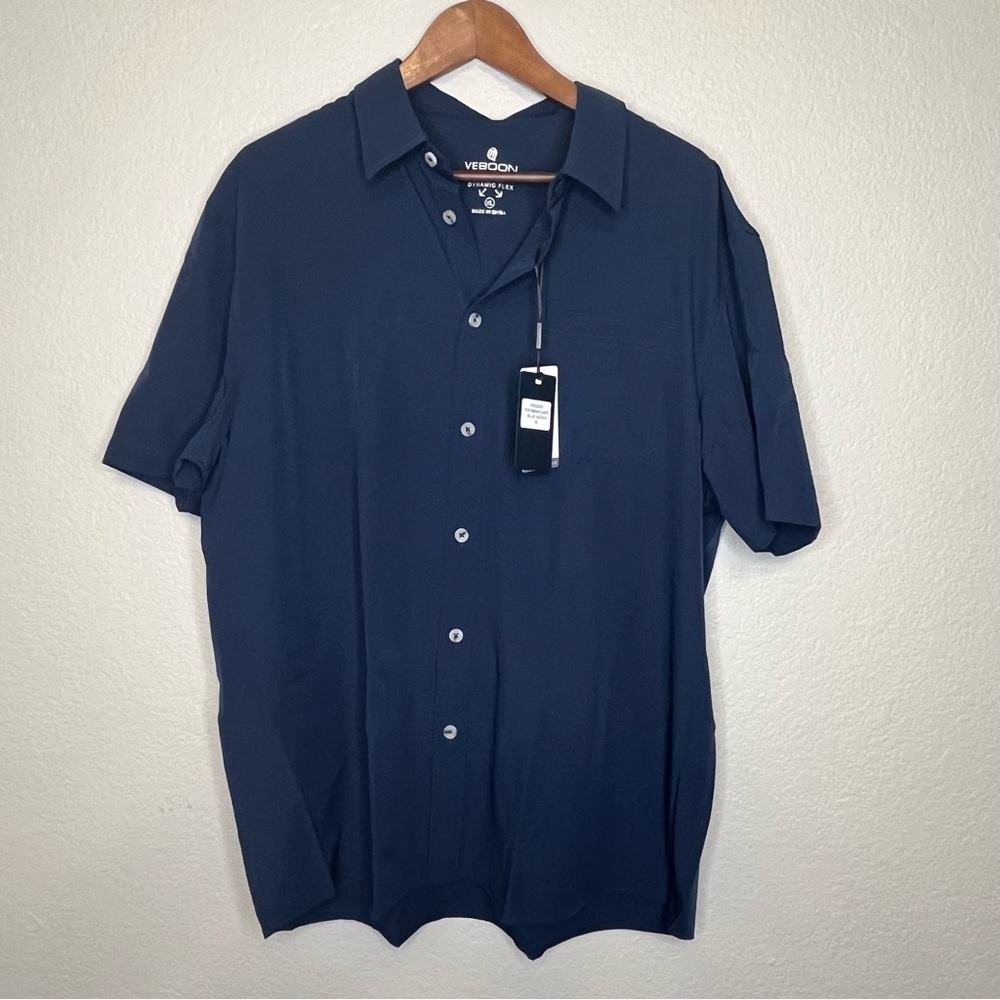 NWT Veboon Navy Blue Short Sleeve Button Down Shirt Men's XL